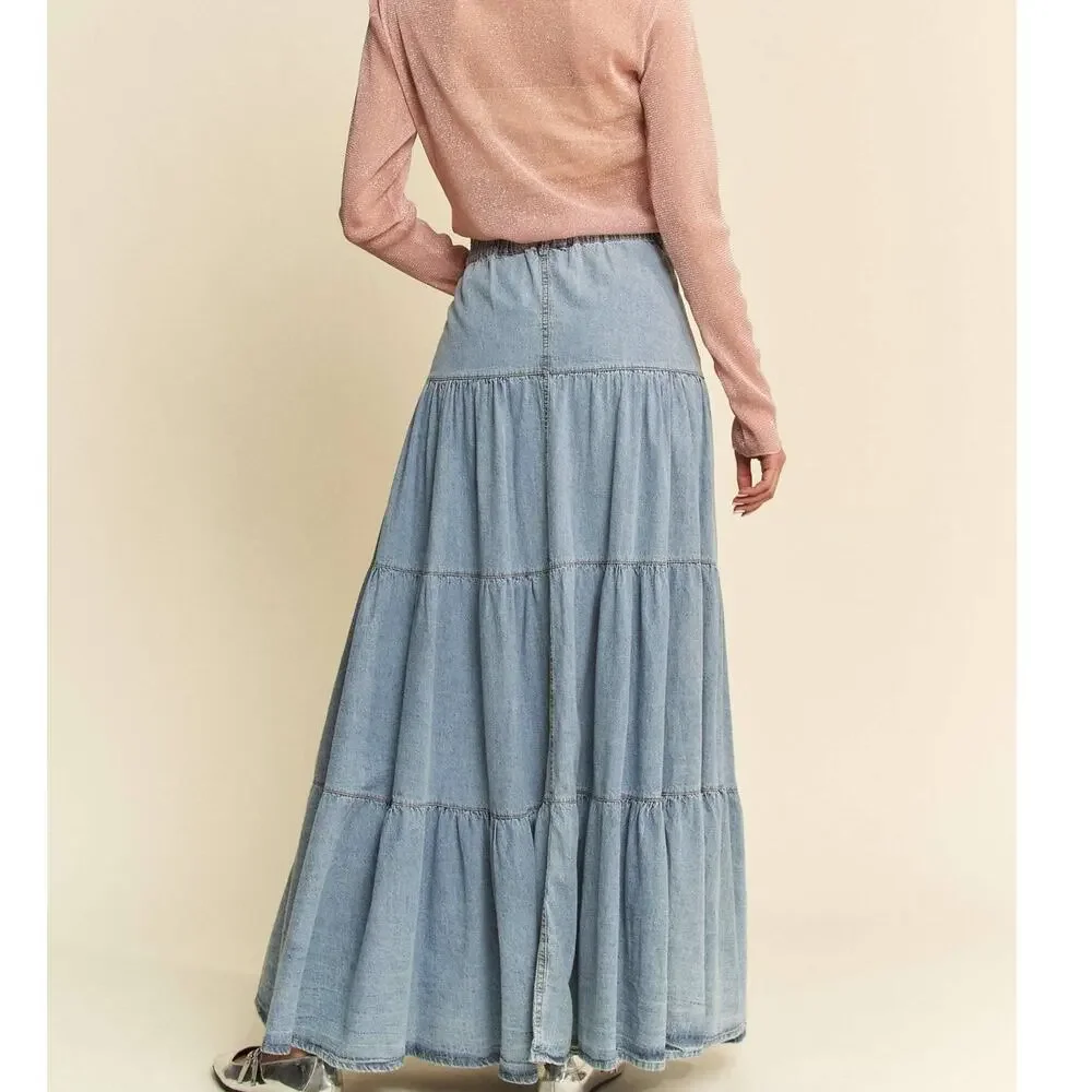 Denim Button-Front Ruffle Hem Maxi Skirt - Picture 9 of 9
